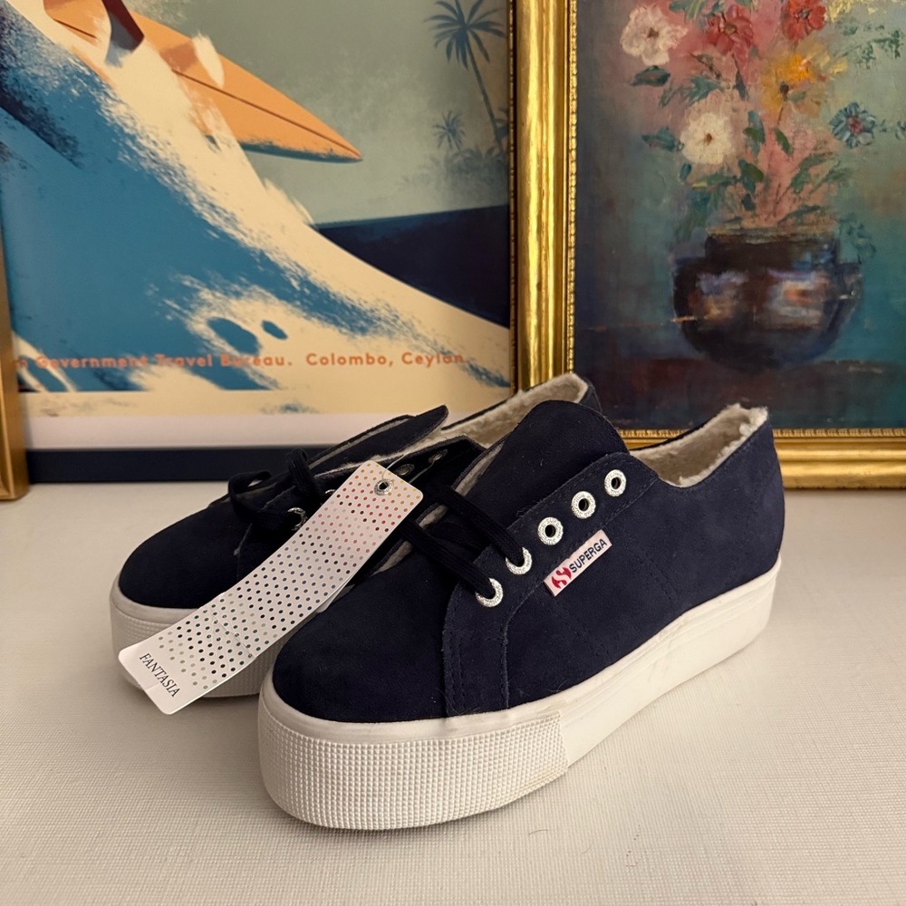 Navy Suede Platform Supergas with fleece lining - Size 6